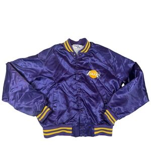 Vtg Chalk Line Los Angeles Lakers Satin Varsity Jacket Purple Sz L USA Run Small